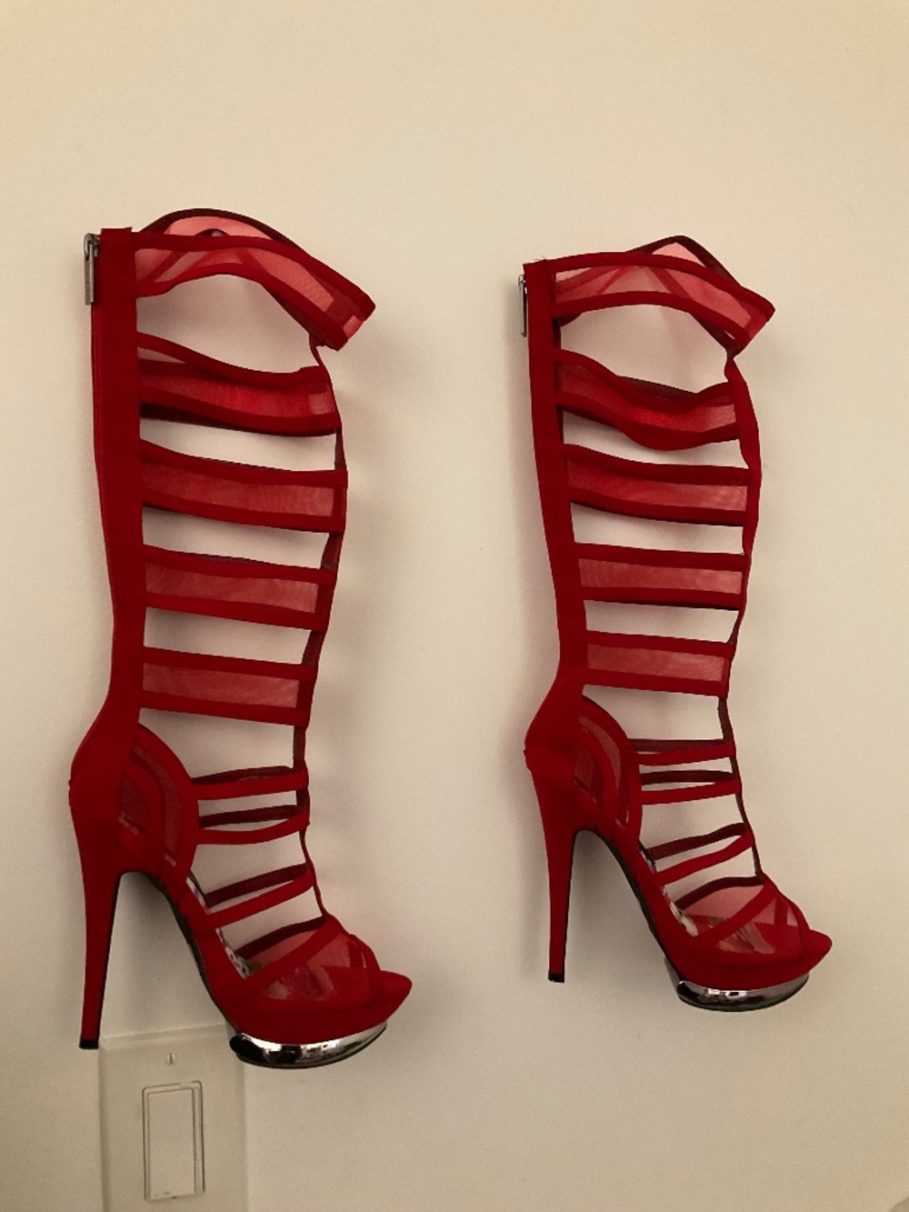 Red gladiator caged platform heels